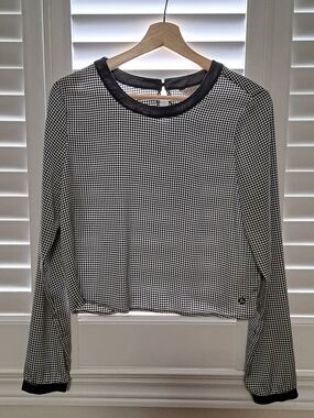 Guess Black and White Houndstooth Long-Sleeve Top with Faux Leather Trim